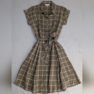 Calvin Klein Windowpane Midi Plaid Shirtdress-Belted Tie Waist-Short Sleeve 4